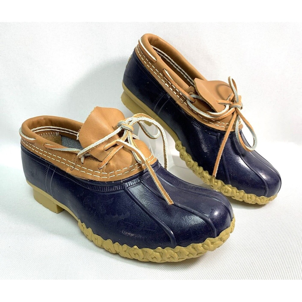 L.L. Bean Boots  Rubber Duck Shoes Navy Blue Brown Leather Trim Size 7 W Wide